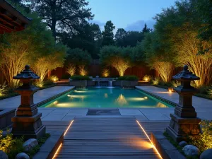 Japanese Garden Lights - Zen-inspired pool patio with traditional stone lanterns, illuminated bamboo grove, subtle LED strip lighting along wooden deck paths