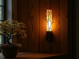 Japanese Garden Wall Lights - Minimalist bamboo-inspired LED wall lights on a dark wooden panel wall, creating zen-like illumination near potted Japanese maples