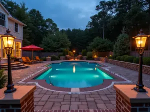 Lantern Posts Classic - Traditional pool patio with vintage-style bronze lantern posts, subtle deck lights, classic brick paving, creating warm evening ambiance