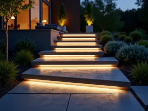 LED Strip Stair Lighting - Modern patio steps illuminated with sleek LED strip lighting under each tread, creating a floating effect against dark stone pavers