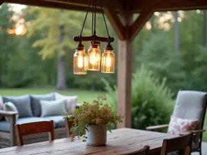 Mason Jar Chandelier - Rustic outdoor chandelier made from vintage mason jars with edison bulbs, hanging over a farmhouse-style patio dining area