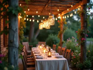 Vintage Mason Jar Lanterns - Rustic patio setting with mason jar lanterns filled with fairy lights, hanging from a weathered wooden pergola, surrounded by cottage garden flowers