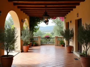 Mediterranean Chandelier Oasis - Terracotta-tiled covered patio with ornate wrought iron chandelier, surrounded by potted olive trees and climbing bougainvillea