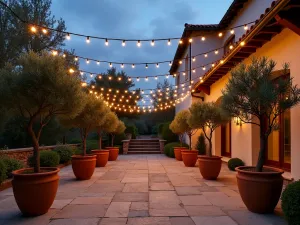 Mediterranean Criss-Cross String Lights - Elegant patio space at dusk with criss-crossing string lights creating a starry canopy effect, terracotta planters with olive trees, rustic stone flooring, photorealistic