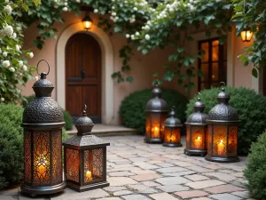 Mediterranean Lantern Garden - Rustic metal Moroccan lanterns in various sizes scattered around a stone patio, with climbing jasmine on the walls and soft uplighting highlighting the architectural features