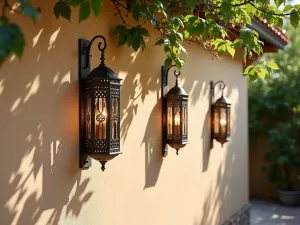 Mediterranean Lantern Wall - Rustic wrought iron Moroccan lanterns mounted on a textured stucco patio wall, casting intricate shadow patterns, with climbing jasmine surrounding