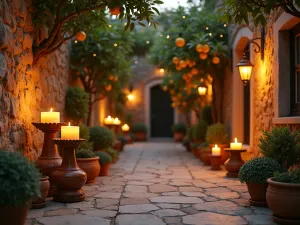 Mediterranean Oil Lamps - Traditional terracotta oil lamps and wrought iron candle holders creating warm lighting around a rustic stone patio with potted citrus trees