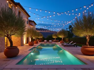 Mediterranean String Lights - Luxurious pool patio with crossed string lights overhead, terra cotta planters with olive trees, ambient uplighting on stone pillars, warm evening atmosphere, sophisticated Mediterranean style