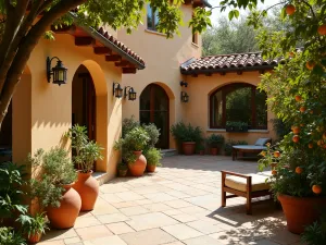 Mediterranean Terracotta Lanterns - Warm-toned patio with terracotta lanterns nestled among Mediterranean herbs and citrus trees, creating a rustic European ambiance