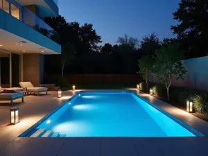 Modern Bollard Lighting - Minimalist pool patio with contemporary LED bollard lights, sleek concrete decking, subtle pool perimeter lighting creating clean lines