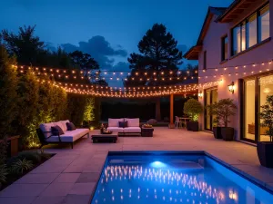 Modern Color-Changing LED Strings - Contemporary patio with smart LED string lights displaying changing colors, modern lounge furniture, reflecting pool, evening entertainment space