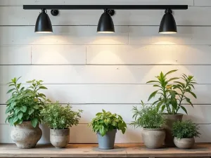 Modern Farmhouse Track Lighting - White shiplap ceiling with black modern track lighting system, illuminating rustic furniture and potted herbs