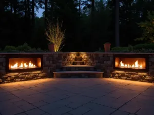 Modern Fire and Light - Contemporary wall-mounted fire features combined with LED backlighting on a dark stone patio wall creating dramatic ambiance