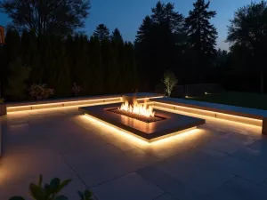 Modern Fire and Light - Sleek built-in LED strips combined with a contemporary gas fire pit creating dramatic lighting effects on a minimalist concrete patio