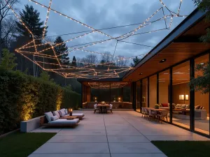 Modern Geometric String Light Pattern - Contemporary patio with geometric pattern string lights suspended between steel cables, minimalist furniture, clean lines, evening atmosphere, architectural lighting