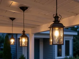 Modern Lantern Pendant Array - Modern covered patio with sleek black metal lantern pendant lights hanging at varying heights from a white wooden ceiling, creating dramatic evening ambiance