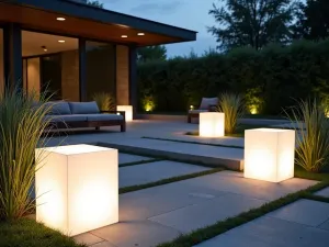 Modern LED Cube Lanterns - Sleek contemporary patio featuring large cubic LED lanterns in white, creating geometric light patterns on a gray stone floor, with architectural grasses