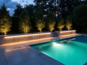 Modern LED Strip Lighting - Hidden LED strip lighting creating a floating effect along a contemporary concrete patio wall with integrated bench seating