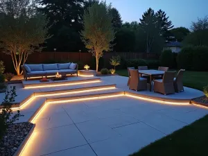 Modern LED Strip Lighting - Contemporary patio with hidden LED strip lighting under bench seating and steps, creating a floating effect with cool white light in the evening