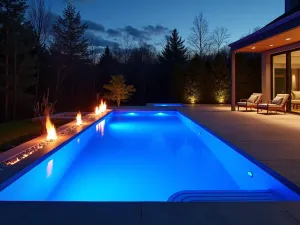 Modern Fire Features - Contemporary pool patio with linear fire features along the edge, blue LED pool lighting, minimalist concrete decking, creating dramatic evening ambiance