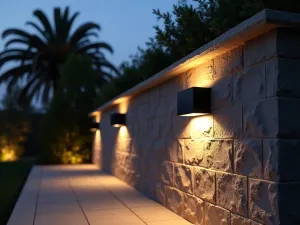 Modern Sconce Wall Lighting - Sleek black rectangular wall sconces casting geometric light patterns on a contemporary stone patio wall at dusk, creating dramatic shadows and ambient lighting