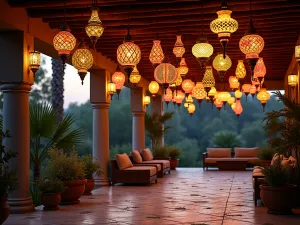 Moroccan Lantern Collection - Exotic covered patio with collection of colorful Moroccan pendant lanterns creating intricate light patterns