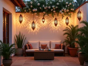 Moroccan Lantern Oasis - A cozy patio corner at dusk with ornate copper Moroccan lanterns hanging at various heights, casting intricate shadow patterns on a whitewashed wall, surrounded by potted palm trees and flowering jasmine