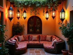 Moroccan Lantern Garden - Colorful Moroccan-style hanging lanterns illuminating a cozy patio corner with patterned cushions, surrounded by potted Mediterranean herbs and trailing jasmine