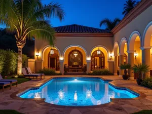 Moroccan Lantern Display - Exotic pool patio with hanging Moroccan lanterns, colorful mosaic tiles with integrated lighting, mood lighting in arched alcoves