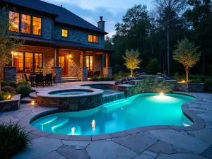 Natural Stone Lighting - Organic pool patio design with integrated lighting in natural stone walls, hidden LED strips in rock features, creating subtle evening ambiance