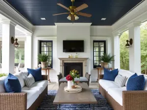 Nautical Brass Fixtures - Maritime-inspired covered patio with weathered brass ceiling-mounted light fixtures and navy blue ceiling