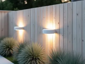 Nordic Minimal Lighting - Simple cylindrical white wall lights creating clean light circles on a light wood-clad patio wall with ornamental silver grass