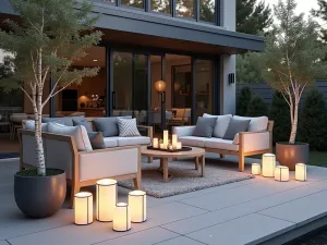 Nordic Minimalist Lanterns - Clean-lined Scandinavian-style patio with simple white metal lanterns and warm LED candles, accented by potted birch trees