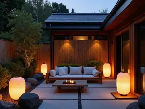 Paper Lantern Zen Garden - Traditional Japanese paper lanterns illuminating a modern patio space with minimalist furniture, featuring a rock garden and bamboo screens, creating a serene evening atmosphere