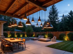 Pendant Light Installation - Industrial-style outdoor pendant lights in varying lengths creating a dramatic lighting installation over a modern concrete patio