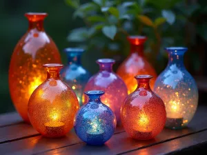 Rainbow Glass Lantern Display - Whimsical patio setting with colorful blown glass lanterns in various sizes, creating a magical atmosphere with rainbow light effects