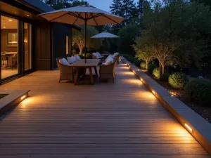 Recessed Deck Lighting - Subtle recessed LED lights embedded in wooden patio decking, creating a soft glow around the perimeter of a contemporary seating area