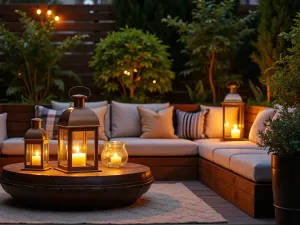 Romantic Candle Garden - Multiple levels of hurricane lanterns and glass candle holders creating intimate lighting around a cushioned seating area with potted herbs