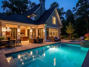 Romantic Crystal Chandeliers - Luxury pool patio with outdoor crystal chandeliers, elegant sconce lighting, sophisticated evening entertainment space with warm lighting