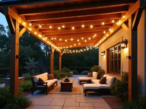 Rustic Beam String Lights - Exposed wooden beam covered patio with warm white string lights woven between beams, casting a soft glow over comfortable seating area with stone floor