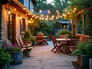 Rustic Farmhouse Lighting - Country-style patio with vintage-style string lights, reclaimed wood furniture, galvanized planters, herb garden, warm evening atmosphere