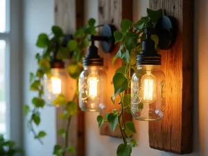 Rustic Mason Jar Lights - Upcycled mason jar wall lights mounted on reclaimed wood panels, creating a cozy farmhouse atmosphere with trailing pothos plants