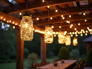 Rustic Mason Jar Lights - Vintage mason jars with fairy lights suspended from a wooden pergola, creating whimsical lighting over a farmhouse-style patio