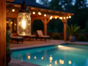 Rustic Mason Jar Lights - Farmhouse-style pool patio with hanging mason jar lights, rustic wooden posts, subtle pool edge lighting, creating cozy evening atmosphere