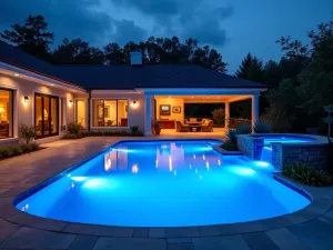 Smart LED Integration - High-tech pool patio with smartphone-controlled LED lighting system, color-changing pool lights, illuminated water features, modern entertainment space