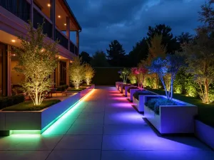 Smart RGB Lighting - Color-changing LED lighting system integrated into modern planters and seating, creating customizable ambiance for different moods