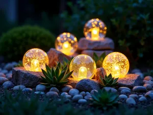 Solar Globe Collection - Cluster of various-sized illuminated solar glass globes arranged among river rocks and succulents, creating a magical nighttime display