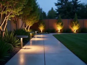 Solar Ground Lighting - Contemporary patio pathway lined with modern solar-powered ground lights, creating pools of light along a minimalist concrete walkway