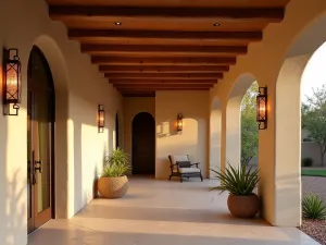 Southwest Adobe Sconces - Adobe-style covered patio with geometric copper wall sconces casting warm light patterns on textured ceiling