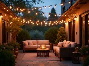 String Light Canopy - A cozy patio space at dusk with crisscrossing strings of warm white Edison bulbs creating a magical canopy overhead, casting soft shadows on comfortable outdoor furniture below